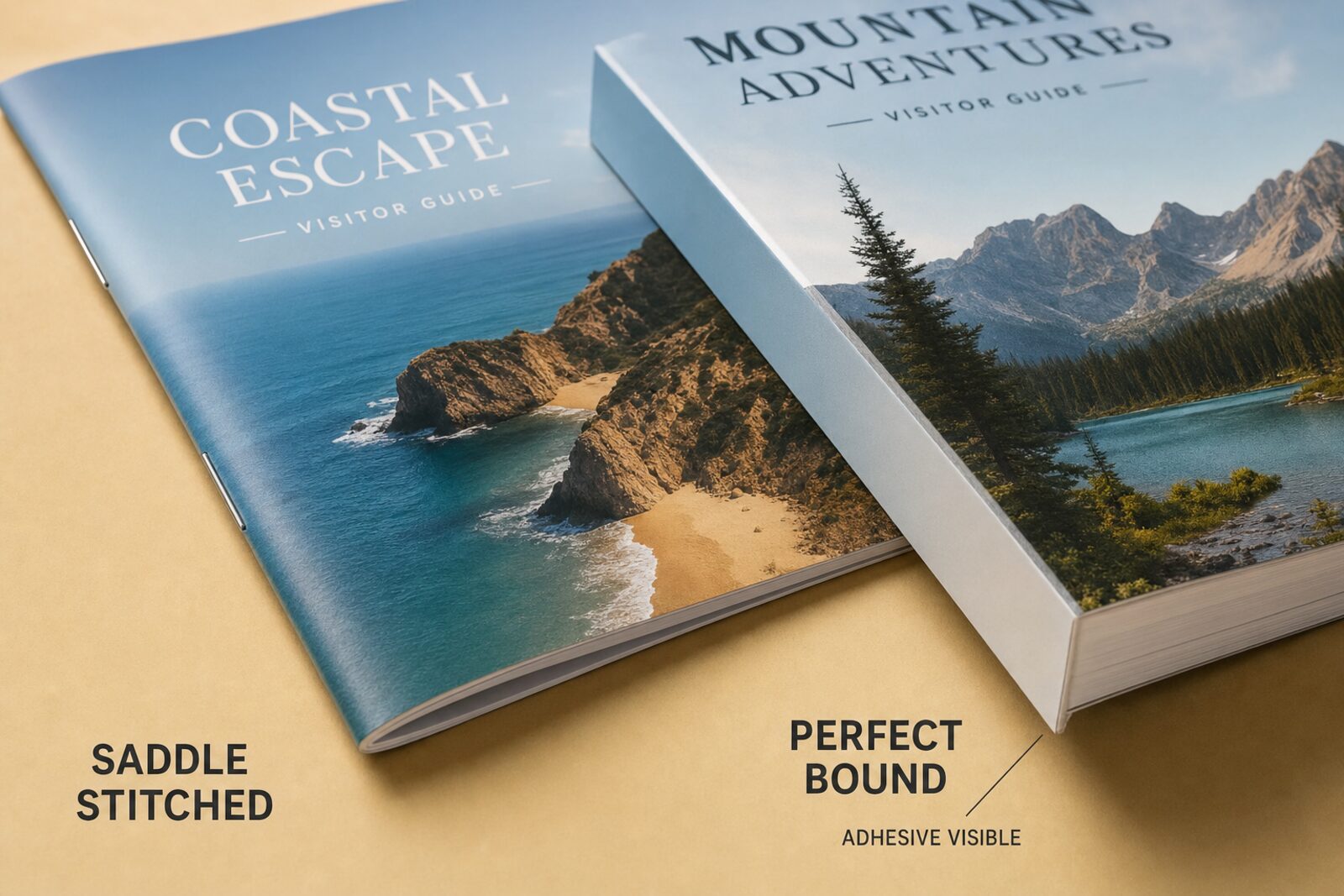 Close-up comparison of saddle-stitched and perfect-bound booklet spines