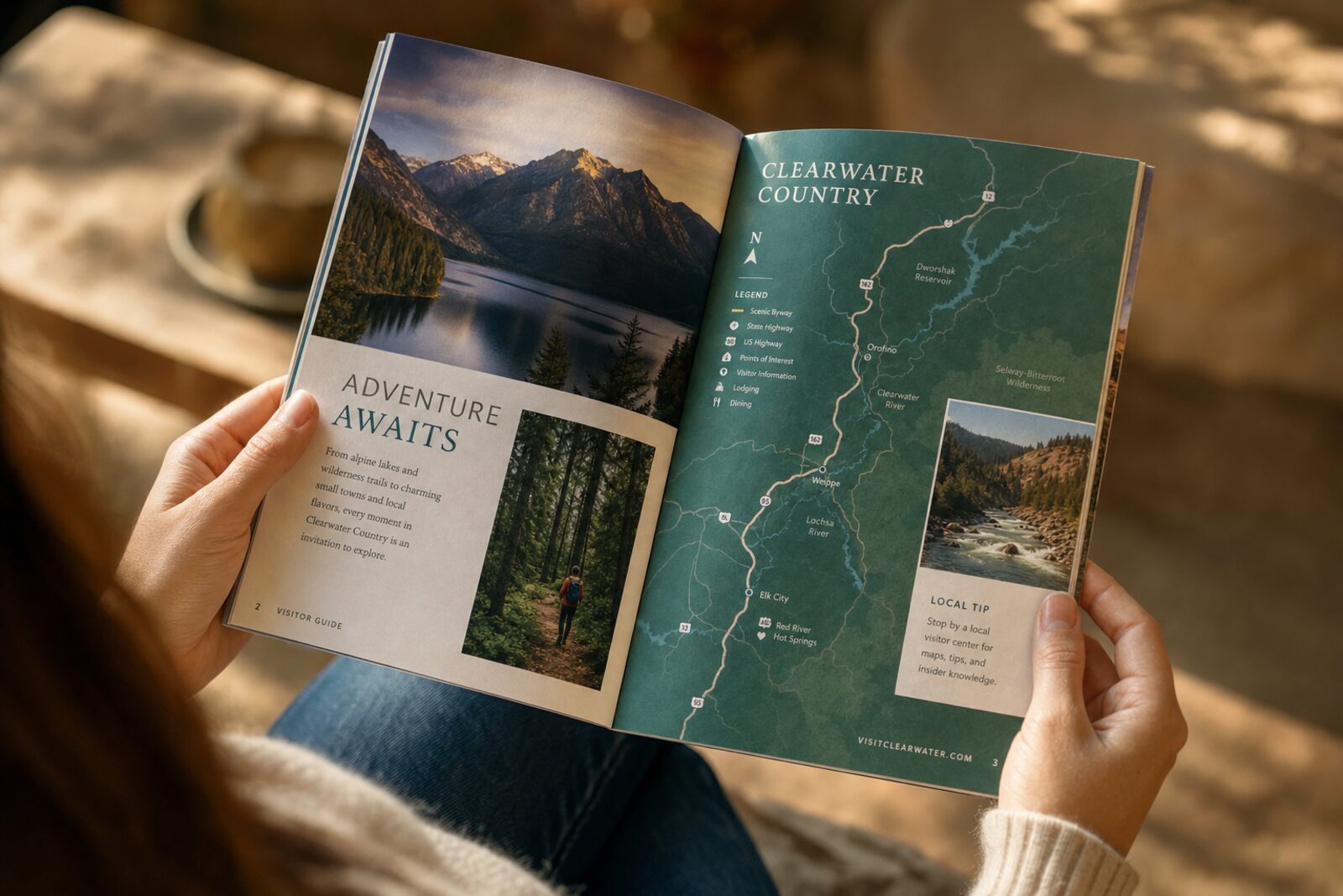 Hands holding an open visitor guide showing travel photography and a regional map